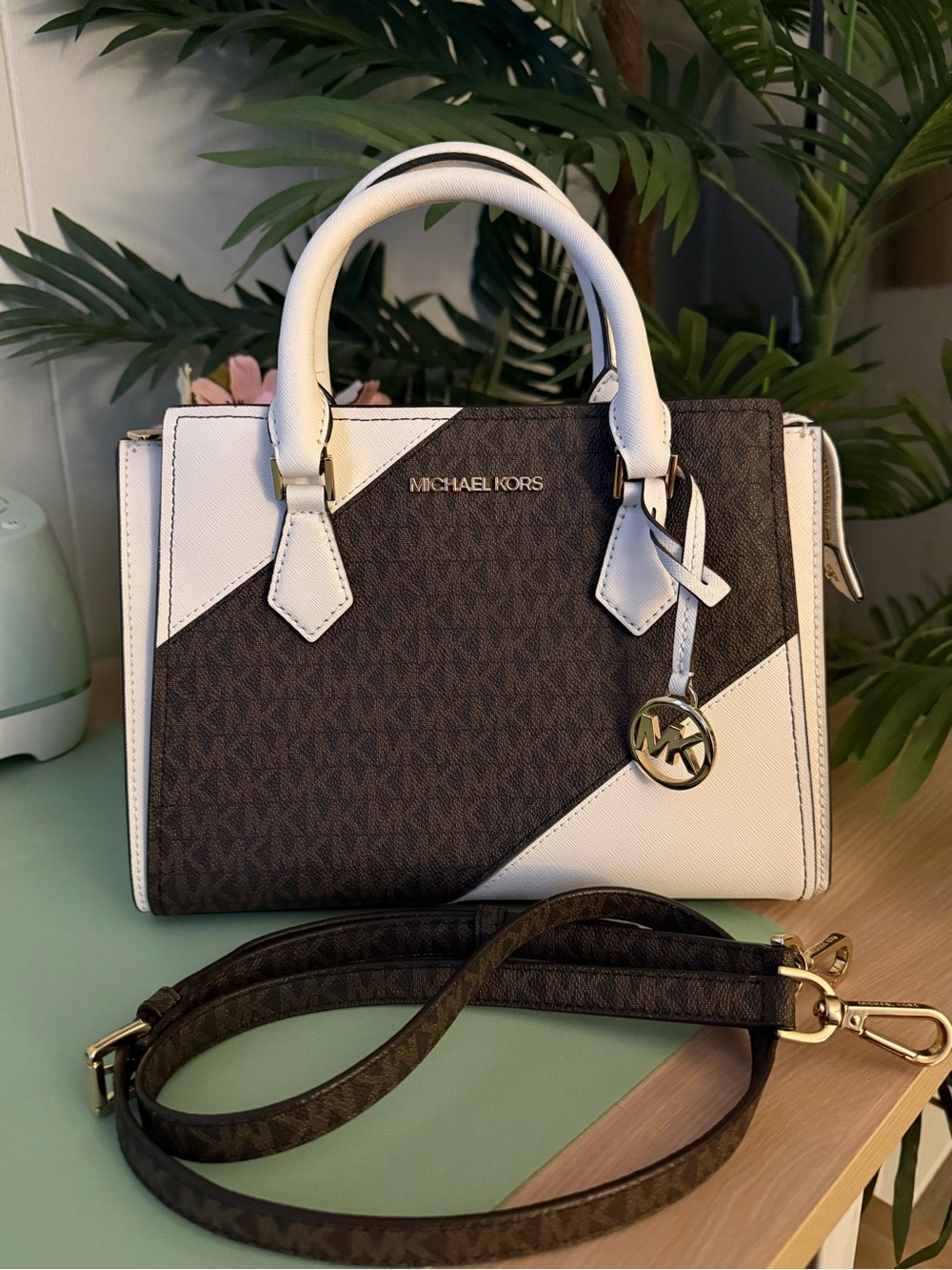 Michael Kors White and Brown Diagonal Logo Satchel